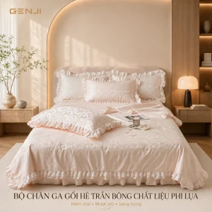 Bộ chăn ga phi lụa viền bèo vân chìm Genji