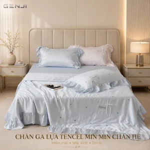 Bộ chăn ga gối lụa tencel viền bèo thêu tim MIN MIN