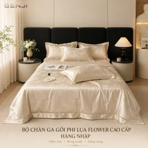 Bộ chăn ga gối phi lụa Flower hàng nhập Genji