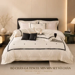 Bộ chăn ga gối lụa Tencel thêu trái tim Min Min hàng nhập cao cấp