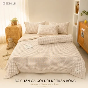 Bộ chăn ga gối đũi kẻ trần bông hàng nhập Genji