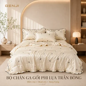 Bộ chăn ga gối phi lụa lạnh viền bèo ga trần chăn hè