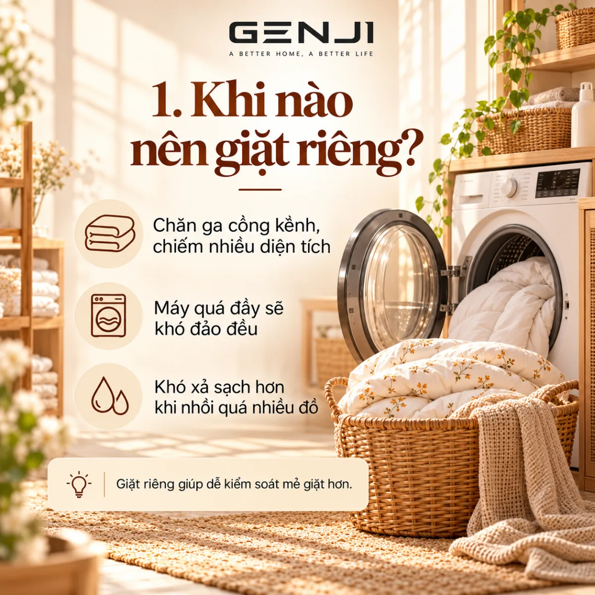 1. Khi nào nên giặt riêng chăn ga? Chăn ga cồng kềnh, máy quá đầy, khó xả sạch.
