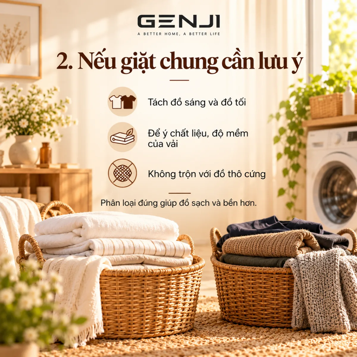 2. Nếu giặt chăn ga chung với quần áo: phân loại màu, chất liệu và tránh đồ thô cứng.