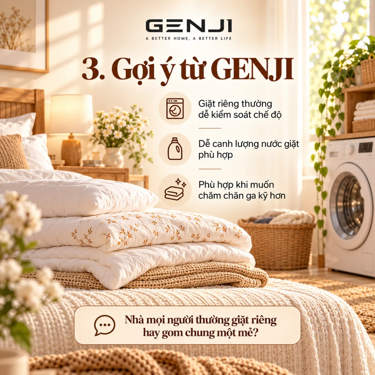 3. Gợi ý từ GENJI: giặt riêng dễ kiểm soát chế độ, lượng nước giặt và chăm chăn ga.